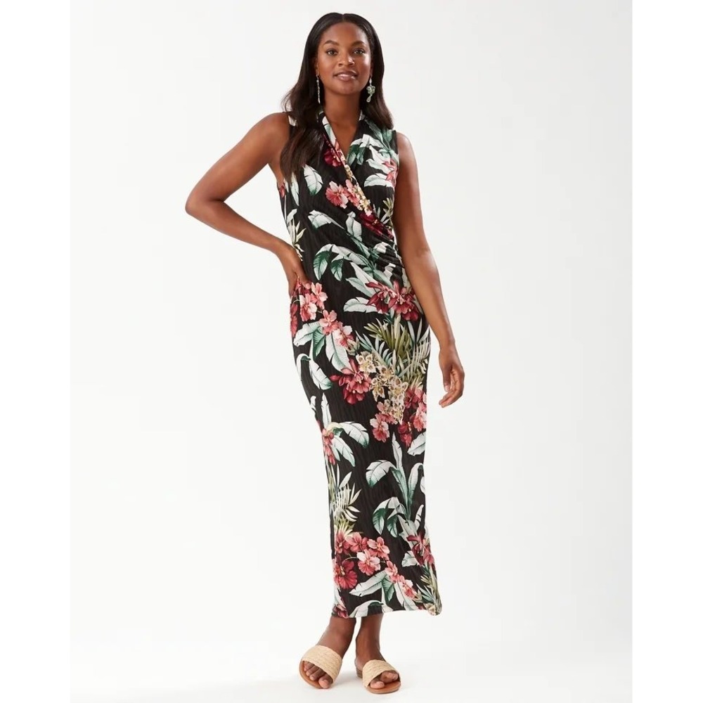 Tommy Bahama Hibiscus Tropical Floral Sleeveless Maxi Dress Small Black - Picture 3 of 16